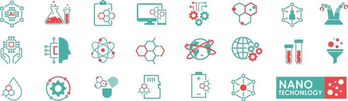 Set of Nano Technology icons, Nanotech, Nanotechnology, Nanochips, Micro-scale, Solid icon style. illustratio vector