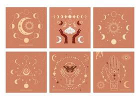 Banner set Mystical moon phases and woman hands and moth, alchemy esoteric magic space, sacred wheel of the year, isolated on color background vector