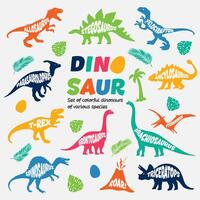 dinosaurio color colocar. dinosaurios en blanco antecedentes. tyranosaurus rex, estegosaurio, braquiosaurio, triceratops, y pterodáctilo caricaturas vector