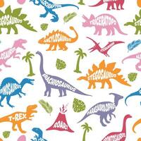 Dinosaur color seamless pattern. Hand drawn dinosaurs on white background. Pattern with Tyrannosaurus Rex, Stegosaurus, Brachiosaurus, Triceratops, and Pterodactyl cartoons. vector