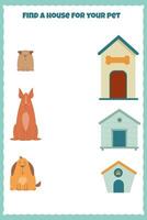 sheet with a task for children to find the right house for a dog vector