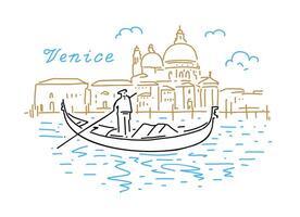 Architecture of Venice with a gondola on the water. hand drawn linear illustration vector