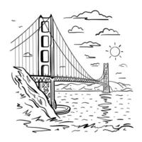 Golden Gate Bridge across the strait. San Francisco. Black and white illustration in doodle style vector