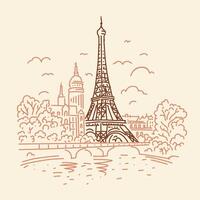 Eiffel Tower in Paris, city panorama. line illustration vector
