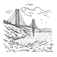 Golden Gate Bridge across the strait. San Francisco. Black and white illustration in doodle style vector