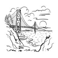 Golden Gate Bridge across the strait. San Francisco. Black and white illustration in doodle style vector