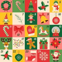 Christmas Advent calendar with icons elements. Bauhaus. Geometric pattern. flat design for poster, card, wallpaper, poster, banner, packaging. Santa Claus, red Christmas ball, ribbon bow vector