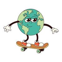 Earth on a skateboard character in trendy retro groovy style. Earth Day. illustration for card, poster, banner, web vector