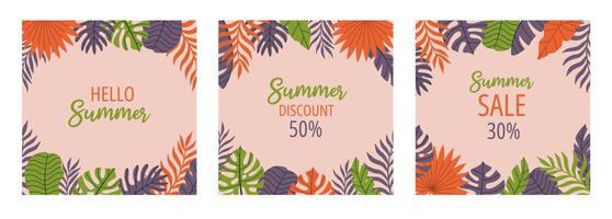 Set of Summer colorful abstract backgrounds, banners, with tropical leaves. templates for social media posts. vector