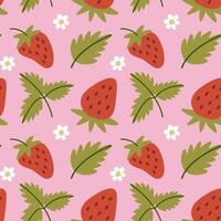 Modern abstract seamless strawberry pattern with leaves, branches and flowers. Contemporary botany art print. vector