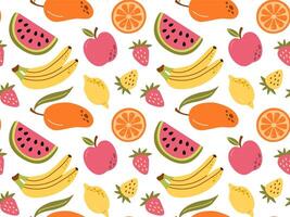 seamless pattern of colorful fruits and berries. Summer print with hand drawn fruits. Tropical print. vector