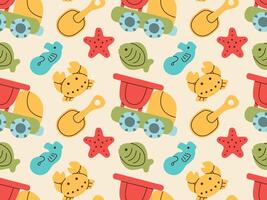Seamless pattern of children toys and molds for building sand castle flat design. Game for children on beach. vector