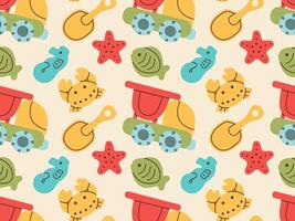 Seamless pattern of children toys and molds for building sand castle flat design. Game for children on beach. vector