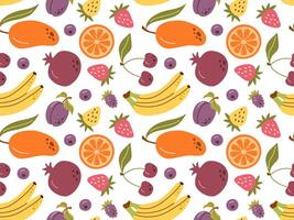 Seamless pattern of colorful fruits and berries. Summer print with hand drawn fruits. Tropical print. vector