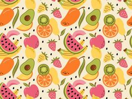 Seamless pattern of colorful fruits and berries. Summer print with hand drawn fruits. Tropical print. vector