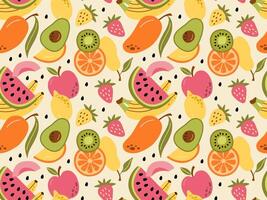 Seamless pattern of colorful fruits and berries. Summer print with hand drawn fruits. Tropical print. vector