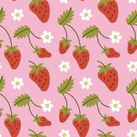 Modern abstract seamless strawberry pattern with leaves, branches and flowers. Contemporary botany art print. vector