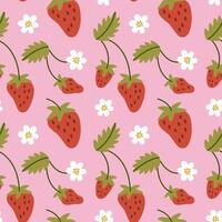 Modern abstract seamless strawberry pattern with leaves, branches and flowers. Contemporary botany art print. vector