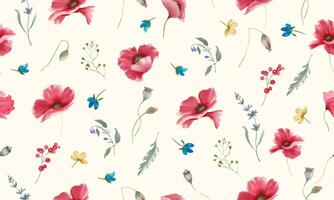 Seamless watercolor pattern with red poppies. Hand drawn illustration isolated on pastel background. EPS. vector