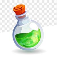 Bottle of green potion with wooden cork and magical elixir 3d illustration vector