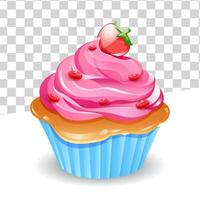 strawberry cupcakes with pink cream and strawberry fruit and candles, muffins illustration vector