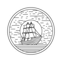 Vintage Retro Circular Sun Ocean Wave with Dhow Ship or Sailing Boat for Nautical vector