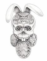 Sugar skull bunny easter day design by hand drawing on paper. vector