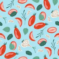 Seamless pattern of tomatoes, garlic, basil and herbs on blue backdrop. Background with fresh vegetables. Ingredients for making sun-dried tomatoes. Flat style hand drawn illustration. vector