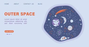 Outer space website template. Landing page for astronomy website with planets, moon, stars. International day of human space flight. Science theme homepage design concept. illustration. vector