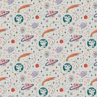 Outer space colorful background. Seamless pattern with astronomy symbols. International day of human space flight. Doodle style illustration for kids. vector