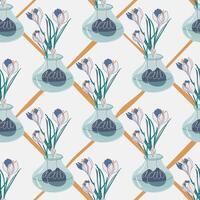 Floral seamless pattern. Trendy botanical background with crocuses on rhombus backdrop. Spring flowers arrangement. Retro style print. Hand drawn illustration. vector