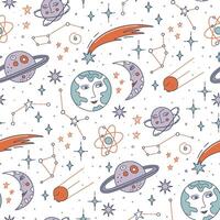 Cute seamless pattern with astronomy symbols for kids. Outer space colorful background. International day of human space flight. Doodle style illustration. vector