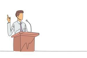 Continuous one line drawing young businessman speaking at the podium while giving gesture of lifting one finger up. Inspirational speech. Conference stage. Single line draw design illustration vector