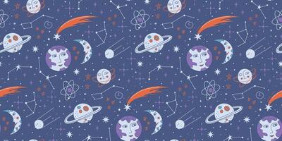 Seamless pattern with astronomy symbols. Outer space retro background. International day of human space flight. Doodle style illustration. vector