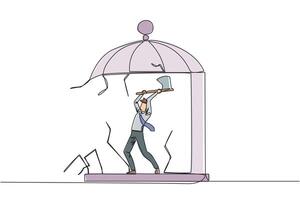 Continuous one line drawing businessman trapped in cage holding an axe and destroy the cage. Everything is done to be free. Rising anger. Disappointed. Single line draw design illustration vector