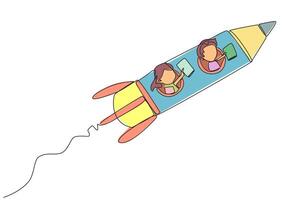 Single continuous line drawing the kids flying on a rocket reading a book. Always reading books anywhere. The book inspires to become a scientist. Book festival. One line design illustration vector