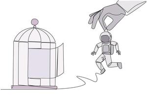 Single continuous line drawing big hands holding astronaut and want put in a cage. Trapping roughly. Beating a business opponent by cheating. Unfair business. One line design illustration vector