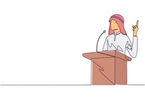 Single one line drawing Arabian businessman speaking at the podium while giving gesture of lifting one finger up. Inspirational speech. Conference stage. Continuous line design graphic illustration vector