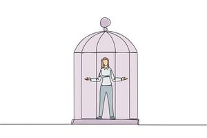 Single continuous line drawing businesswoman trapped in cage standing with open arms. Surrender to the situation. Forced to stay in a cage. Business is not growing. One line design illustration vector