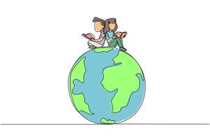 Single one line drawing happy kids sitting on big globe reading a book. The metaphor of reading can reach the world. Read everywhere. Book festival concept. Continuous line design graphic illustration vector