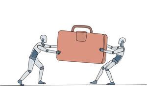 Continuous one line drawing two aggressive robot fighting over the briefcase. Fight over the client data contained in the bag. Robotic attack. Target. AI. Single line draw design illustration vector