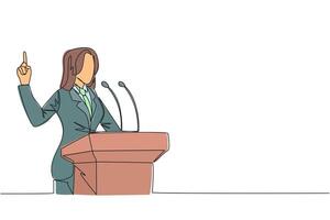 Single one line drawing young energetic businesswoman speaking at the podium while lifting index finger up. She made a favorable statement for the company. Continuous line design graphic illustration vector