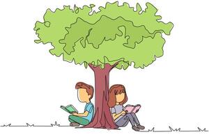 Single one line drawing the kids sitting reading a book under shady tree. They do group study summarizing story books. Enjoy reading. Book festival concept. Continuous line design graphic illustration vector