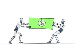 soltero uno línea dibujo dos enojado robot luchando terminado Billetes lucha terminado el capital previsto por el gobierno a seleccionado robótica rival. tecnología. continuo línea diseño gráfico ilustración vector