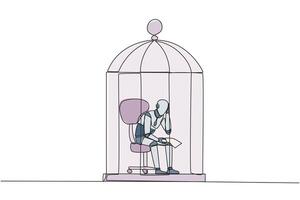 Single one line drawing robotic trapped in the cage sitting pensively holding paper. Failed business. Read the bankruptcy statement. Frustration. Sad. Tech. Continuous line design graphic illustration vector