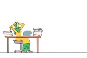 Single one line drawing Arab businesswoman sitting on office chair. Stressful to see stock price on a laptop screen that don't increase. Stressful businesswoman. Continuous line graphic illustration vector