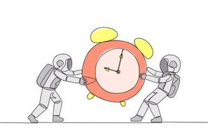 Continuous one line drawing two emotional astronaut fighting over the big alarm clock. The concept of fighting for rare items for prestige. Conflict. Space. Single line draw design illustration vector