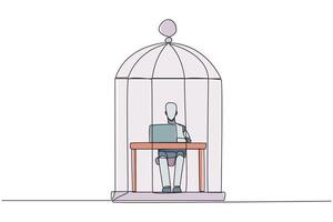 Continuous one line drawing robot trapped in the cage sitting and typing on laptop computer. Tiring routine. Unhappy robot with the many deadline. AI tech. Single line draw design illustration vector