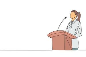 Single one line drawing young happy businesswoman speaking at the podium. Announced greatly improved business balance sheet. A fun speech for all parties. Continuous line design graphic illustration vector