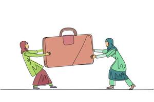 Continuous one line drawing two aggressive Arabian businesswoman fighting over briefcase. Fight over the client data contained in the bag. Businesswoman attack. Single line draw illustration vector